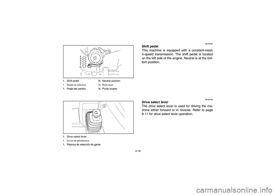 YAMAHA BRUIN 250 2006  Manuale de Empleo (in Spanish) 4-19 1. Shift pedal N. Neutral position
1. Pédale de sélection N. Point mort
1. Pedal del cambio N. Punto muerto
1. Drive select lever
1. Levier de présélection
1. Palanca de selección de gama
EB