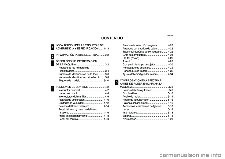 YAMAHA BRUIN 250 2005 Owners Manual SBU00015
CONTENIDO
LOCALIZACION DE LAS ETIQUETAS DE
ADVERTENCIA Y ESPECIFICACION....... 1-13
INFORMACIÓN SOBRE SEGURIDAD ....... 2-2
DESCRIPCION E IDENTIFICACION
DE LA MAQUINA ..................... YAMAHA BRUIN 250 2005 Owners Manual SBU00015
CONTENIDO
LOCALIZACION DE LAS ETIQUETAS DE
ADVERTENCIA Y ESPECIFICACION....... 1-13
INFORMACIÓN SOBRE SEGURIDAD ....... 2-2
DESCRIPCION E IDENTIFICACION
DE LA MAQUINA .....................