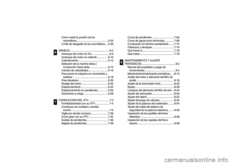 YAMAHA BRUIN 250 2005  Notices Demploi (in French) Cómo medir la presión de los 
neumáticos.............................................. 5-24
Límite de desgaste de los neumáticos .... 5-26
MANEJO .................................................