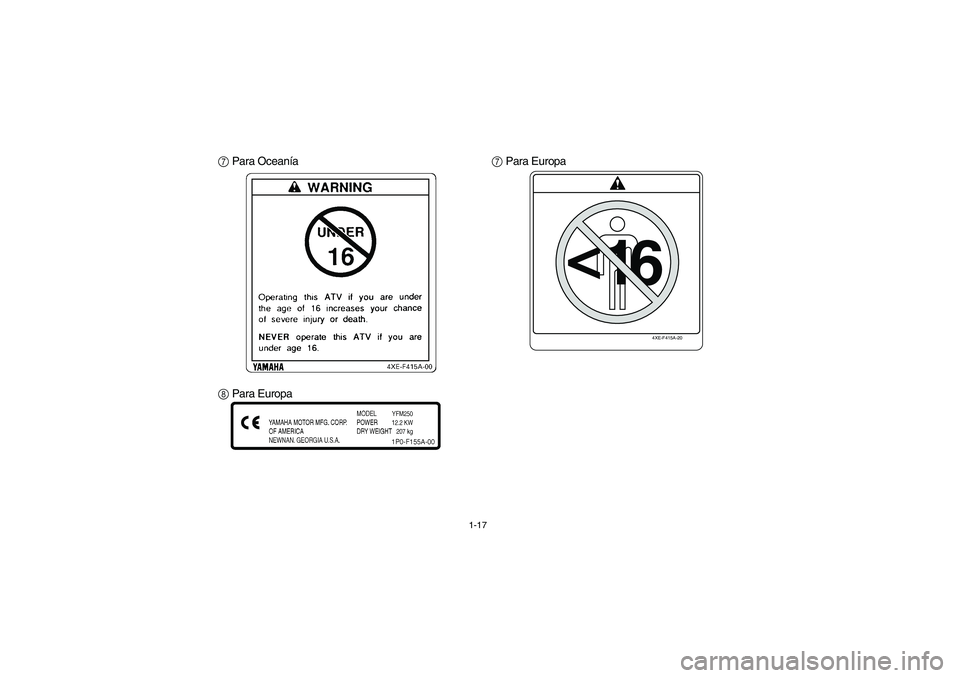 YAMAHA BRUIN 250 2005  Notices Demploi (in French) 1-17
7 Para Oceanía
8 Para Europa7 Para Europa
4XE-F415A-20
<
16
U1P060.book  Page 17  Monday, August 2, 2004  12:19 PM 
