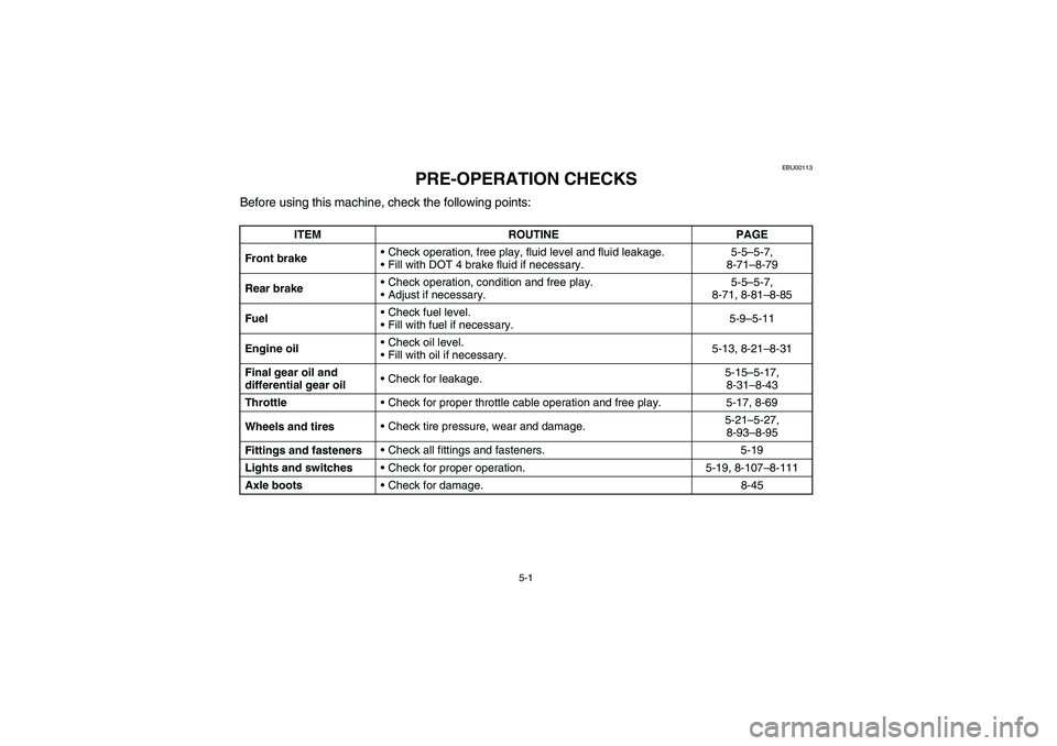 YAMAHA BRUIN 350 2005 Owners Manual 5-1
EBU00113
PRE-OPERATION CHECKS
Before using this machine, check the following points:
ITEM ROUTINE PAGE
Front brakeCheck operation, free play, fluid level and fluid leakage.
Fill with DOT 4 brake YAMAHA BRUIN 350 2005 Owners Manual 5-1
EBU00113
PRE-OPERATION CHECKS
Before using this machine, check the following points:
ITEM ROUTINE PAGE
Front brakeCheck operation, free play, fluid level and fluid leakage.
Fill with DOT 4 brake