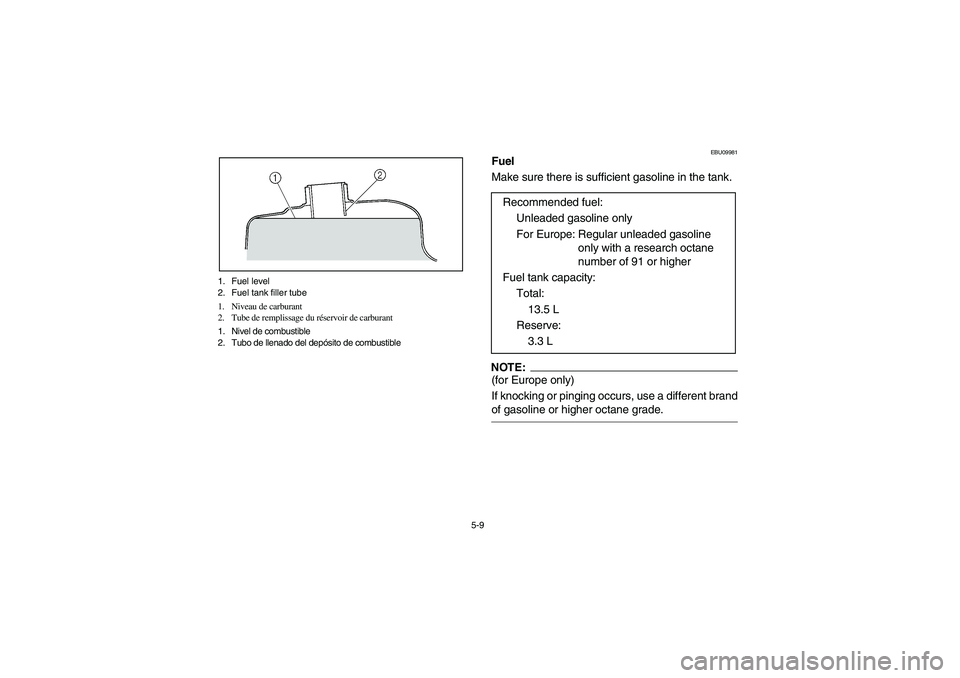 YAMAHA BRUIN 350 2005  Owners Manual 5-9 1. Fuel level
2. Fuel tank filler tube
1. Niveau de carburant
2. Tube de remplissage du réservoir de carburant
1. Nivel de combustible
2. Tubo de llenado del depósito de combustible
EBU09981
Fue