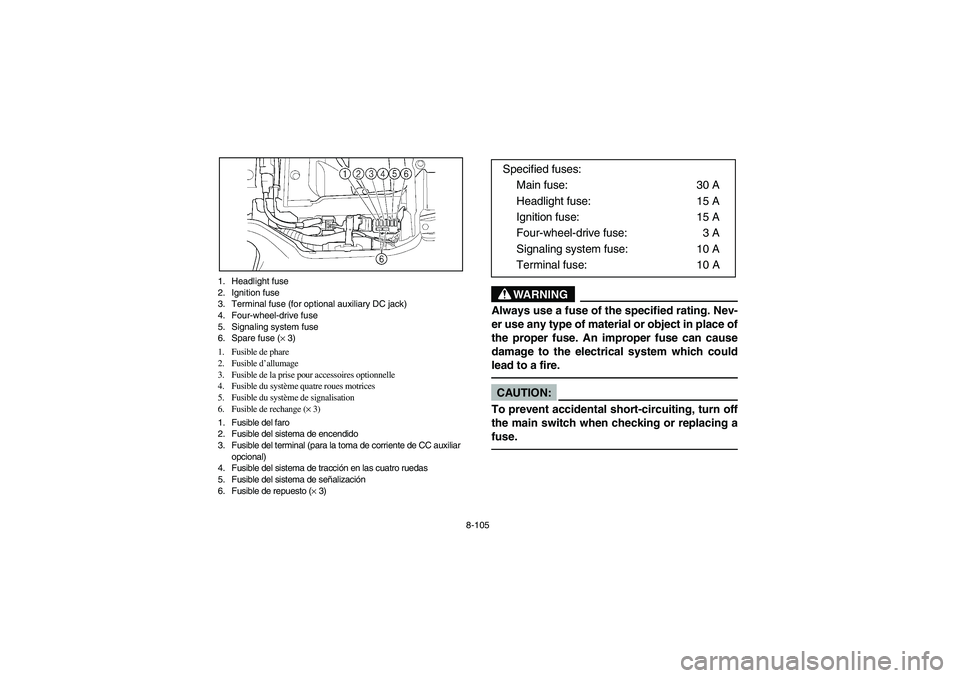 YAMAHA BRUIN 350 2005 Owners Manual 8-105 1. Headlight fuse
2. Ignition fuse
3. Terminal fuse (for optional auxiliary DC jack)
4. Four-wheel-drive fuse
5. Signaling system fuse
6. Spare fuse (× 3)
1. Fusible de phare
2. Fusible d’all YAMAHA BRUIN 350 2005 Owners Manual 8-105 1. Headlight fuse
2. Ignition fuse
3. Terminal fuse (for optional auxiliary DC jack)
4. Four-wheel-drive fuse
5. Signaling system fuse
6. Spare fuse (× 3)
1. Fusible de phare
2. Fusible d’all
