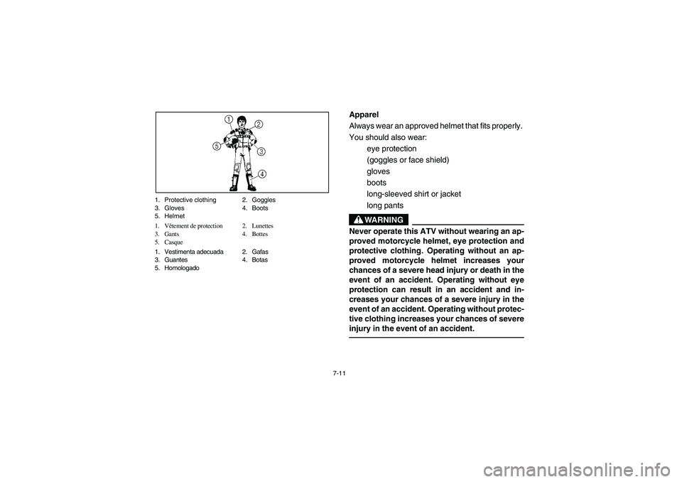 YAMAHA BRUIN 350 2WD 2006 Owners Manual 7-11 1. Protective clothing 2. Goggles
3. Gloves 4. Boots
5. Helmet
1. Vêtement de protection 2. Lunettes
3. Gants 4. Bottes
5. Casque
1. Vestimenta adecuada 2. Gafas
3. Guantes 4. Botas
5. Homologad YAMAHA BRUIN 350 2WD 2006 Owners Manual 7-11 1. Protective clothing 2. Goggles
3. Gloves 4. Boots
5. Helmet
1. Vêtement de protection 2. Lunettes
3. Gants 4. Bottes
5. Casque
1. Vestimenta adecuada 2. Gafas
3. Guantes 4. Botas
5. Homologad