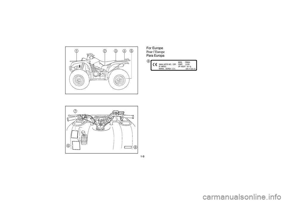 YAMAHA BRUIN 350 2WD 2006  Notices Demploi (in French) 1-9
For Europe
Pour l’Europe
Para Europa
YAMAHA  MOTOR  MFG
.   CORP
.
OF  AMERICA
NEWNAN
,    GEORGIA   U
.S.A.MODEL         YFM350A
POWER         15.9 KW
DRY  WEIGHT    230   Kg
5WH
-F155A
-00
8
E