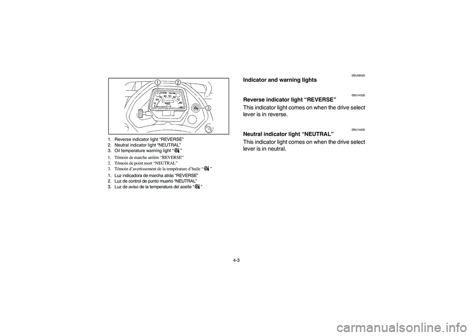 YAMAHA BRUIN 350 2WD 2006  Notices Demploi (in French) 4-3 1. Reverse indicator light “REVERSE”
2. Neutral indicator light “NEUTRAL”
3. Oil temperature warning light “”
1. Témoin de marche arrière “REVERSE”
2. Témoin de point mort “NE