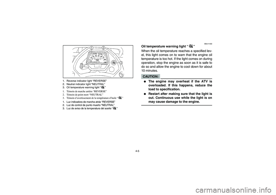 YAMAHA BRUIN 350 2WD 2006  Notices Demploi (in French) 4-5 1. Reverse indicator light “REVERSE”
2. Neutral indicator light “NEUTRAL”
3. Oil temperature warning light “”
1. Témoin de marche arrière “REVERSE”
2. Témoin de point mort “NE