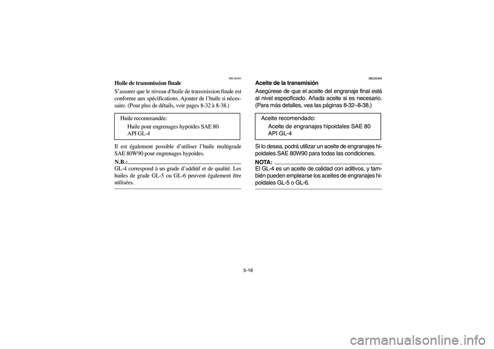 YAMAHA BRUIN 350 4WD 2006  Manuale de Empleo (in Spanish) 5-16
FBU00493
Huile de transmission finale
S’assurer que le niveau d’huile de transmission finale est
conforme aux spécifications. Ajouter de l’huile si néces-
saire. (Pour plus de détails, v