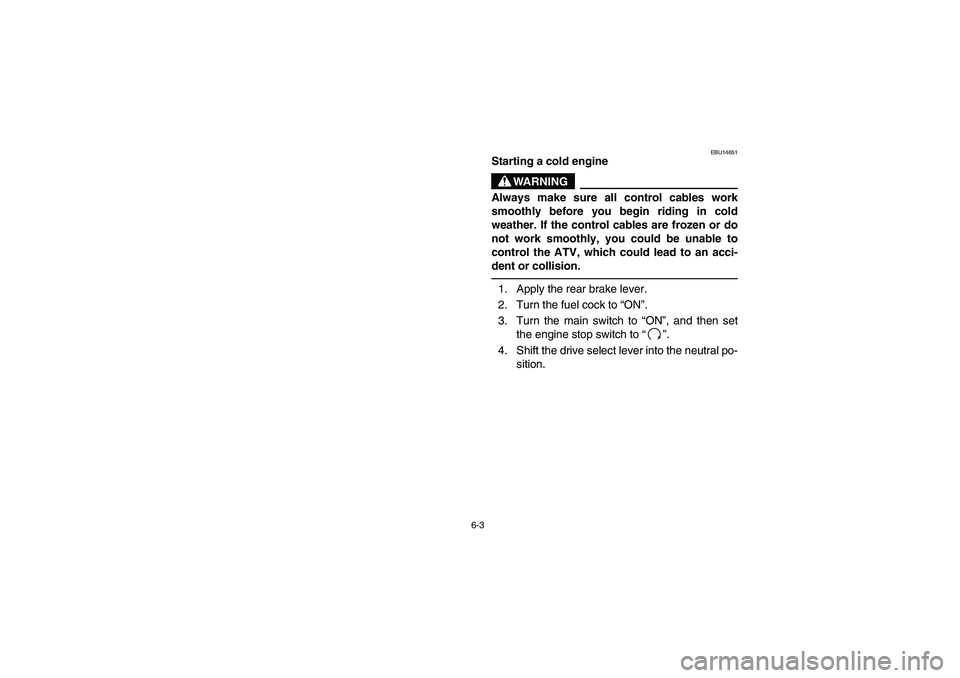 YAMAHA BRUIN 350 4WD 2006  Notices Demploi (in French) 6-3
EBU14651
Starting a cold engine
WARNING
_ Always make sure all control cables work
smoothly before you begin riding in cold
weather. If the control cables are frozen or do
not work smoothly, you c