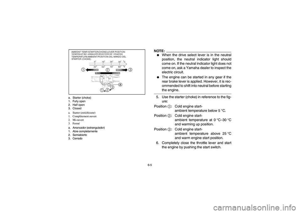 YAMAHA BRUIN 350 4WD 2006  Owners Manual 6-5 a. Starter (choke) 
1. Fully open
2. Half open
3. Closed
a. Starter (enrichisseur)
1. Complètement ouvert
2. Mi-ouvert
3. Fermé
a. Arrancador (estrangulador)
1. Abre completamente
2. Semiabierto
