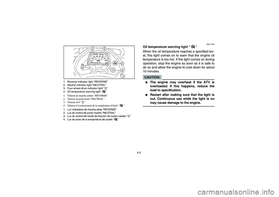 YAMAHA BRUIN 350 4WD 2006 Notices Demploi (in French) 4-5 1. Reverse indicator light “REVERSE”
2. Neutral indicator light “NEUTRAL”
3. Four-wheel-drive indicator light “”
4. Oil temperature warning light “”
1. Témoin de marche arrière YAMAHA BRUIN 350 4WD 2006 Notices Demploi (in French) 4-5 1. Reverse indicator light “REVERSE”
2. Neutral indicator light “NEUTRAL”
3. Four-wheel-drive indicator light “”
4. Oil temperature warning light “”
1. Témoin de marche arrière