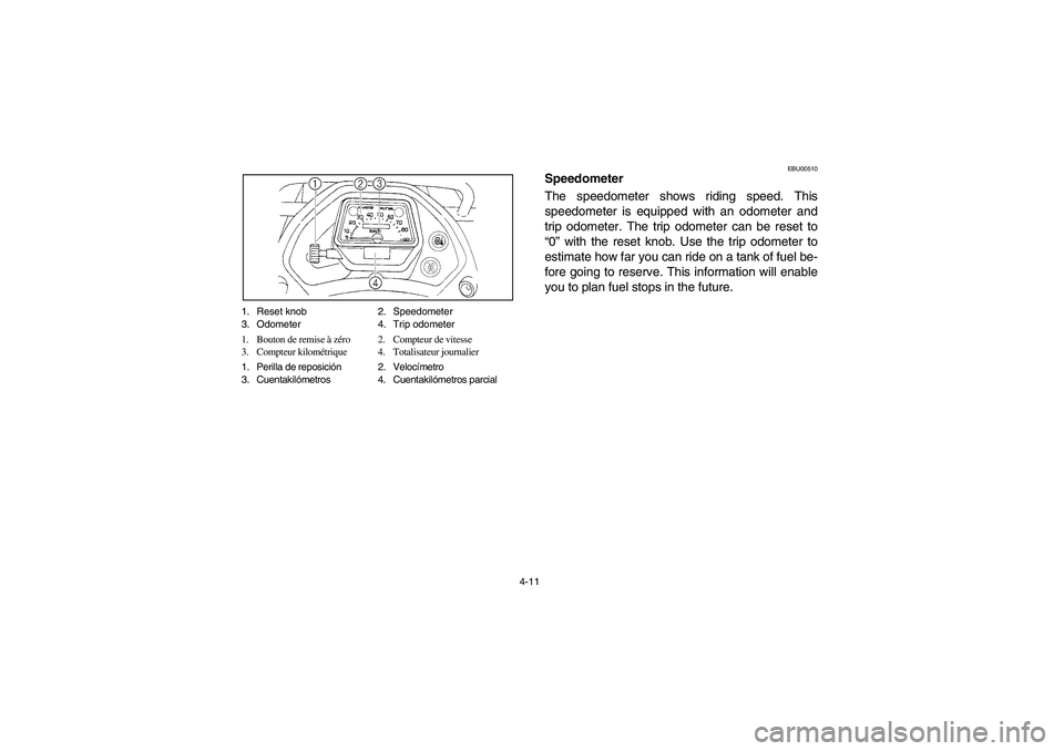 YAMAHA BRUIN 350 4WD 2006  Manuale de Empleo (in Spanish) 4-11 1. Reset knob 2. Speedometer
3. Odometer 4. Trip odometer
1. Bouton de remise à zéro 2. Compteur de vitesse
3. Compteur kilométrique 4. Totalisateur journalier
1. Perilla de reposición2.Veloc