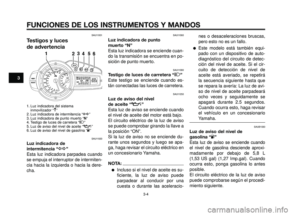YAMAHA BT1100 2006  Manuale de Empleo (in Spanish) FUNCIONES DE LOS INSTRUMENTOS Y MANDOS
3-4
1
2
3
4
5
6
7
8
9
10
SAU11001
Testigos y luces
de advertencia
1. Luz indicadora del sistema 
inmovilizador “ ”
2. Luz indicadora de intermitencia “y”