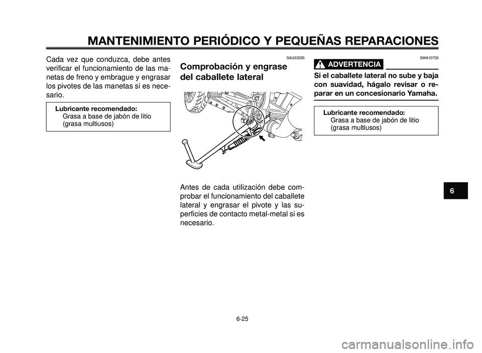 YAMAHA BT1100 2006  Manuale de Empleo (in Spanish) 1
2
3
4
5
6
7
8
9
10
MANTENIMIENTO PERIÓDICO Y PEQUEÑAS REPARACIONES
6-25
SAU23200
Comprobación y engrase
del caballete lateral
Antes de cada utilización debe com-
probar el funcionamiento del cab