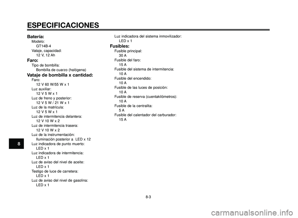 YAMAHA BT1100 2006  Manuale de Empleo (in Spanish) ESPECIFICACIONES
8-3
1
2
3
4
5
6
7
8
9
10
Batería:Modelo:
GT14B-4
Vataje, capacidad:
12 V, 12 Ah
Faro: Tipo de bombilla:
Bombilla de cuarzo (halógena)
Vataje de bombilla x cantidad:Faro:
12 V 60 W/5