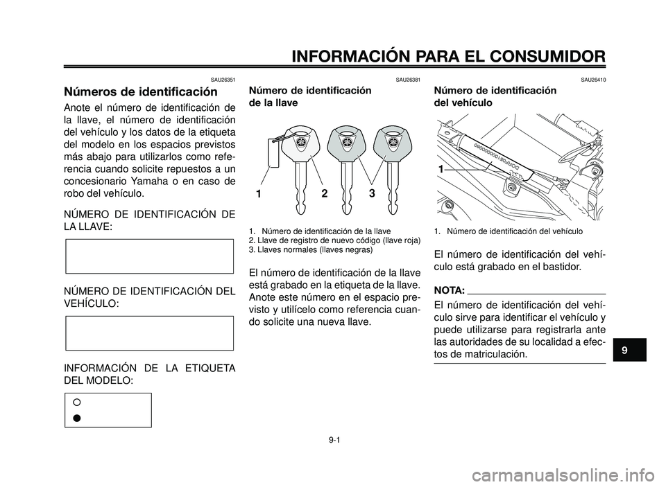 YAMAHA BT1100 2006  Manuale de Empleo (in Spanish) 1
2
3
4
5
6
7
8
9
10
INFORMACIÓN PARA EL CONSUMIDOR
9-1
SAU26351
Números de identificación
Anote el número de identificación de
la llave, el número de identificación
del vehículo y los datos d