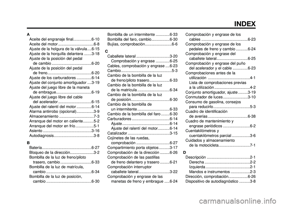 YAMAHA BT1100 2006  Manuale de Empleo (in Spanish) 1
2
3
4
5
6
7
8
9
10
INDEX
A
Aceite del engranaje final.................6-10
Aceite del motor .................................6-8
Ajuste de la holgura de la válvula ....6-15
Ajuste de la horquilla d