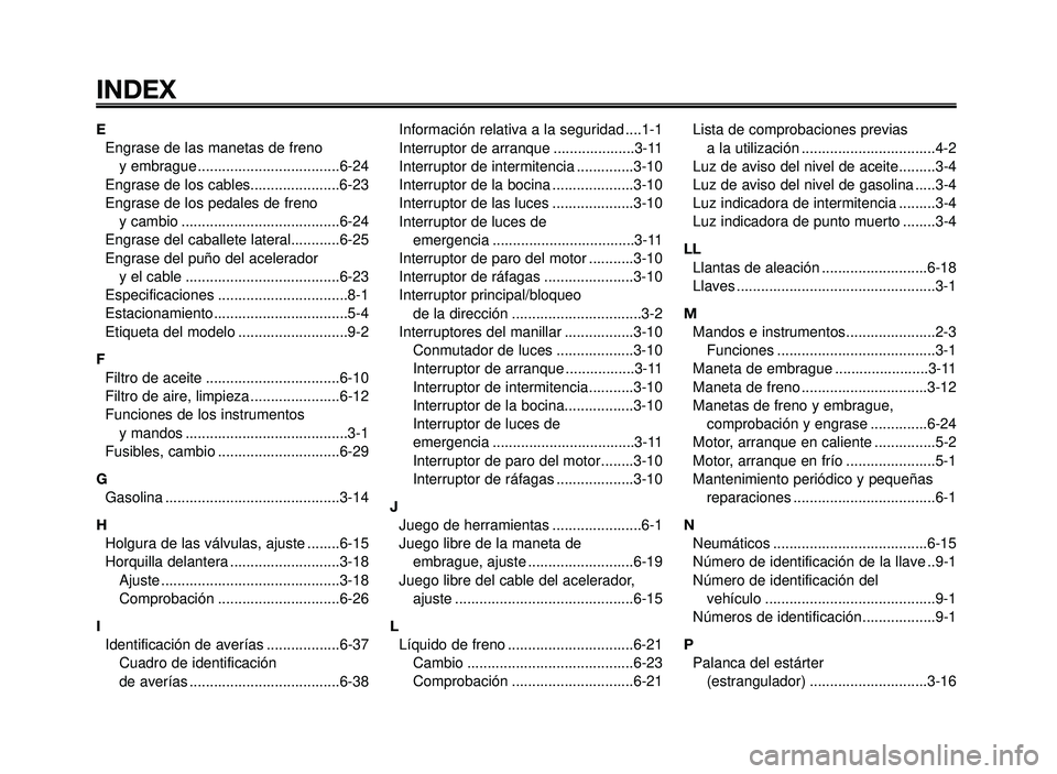 YAMAHA BT1100 2006  Manuale de Empleo (in Spanish) INDEX
1
2
3
4
5
6
7
8
9
10
E
Engrase de las manetas de freno 
y embrague ...................................6-24
Engrase de los cables......................6-23
Engrase de los pedales de freno 
y camb