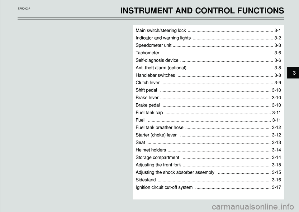 YAMAHA BT1100 2002  Owners Manual 3
Main switch/steering lock .................................................................... 3-1
Indicator and warning lights ................................................................ 3-2
S