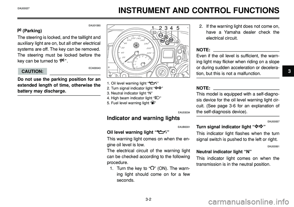 YAMAHA BT1100 2002  Owners Manual INSTRUMENT AND CONTROL FUNCTIONS
220 200 180 160 140 120
100
80
60
40
20
km/h345
6
7
2
1
0
N
34 512EAU01590
F(Parking)
The steering is locked, and the taillight and
auxiliary light are on, but all oth