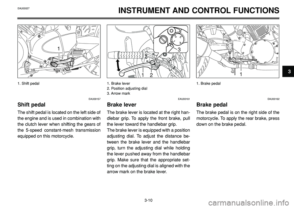YAMAHA BT1100 2004  Owners Manual INSTRUMENT AND CONTROL FUNCTIONS
1
1
2
1
23
4
3
1
EAU00157
Shift pedal
The shift pedal is located on the left side of
the engine and is used in combination with
the clutch lever when shifting the gear