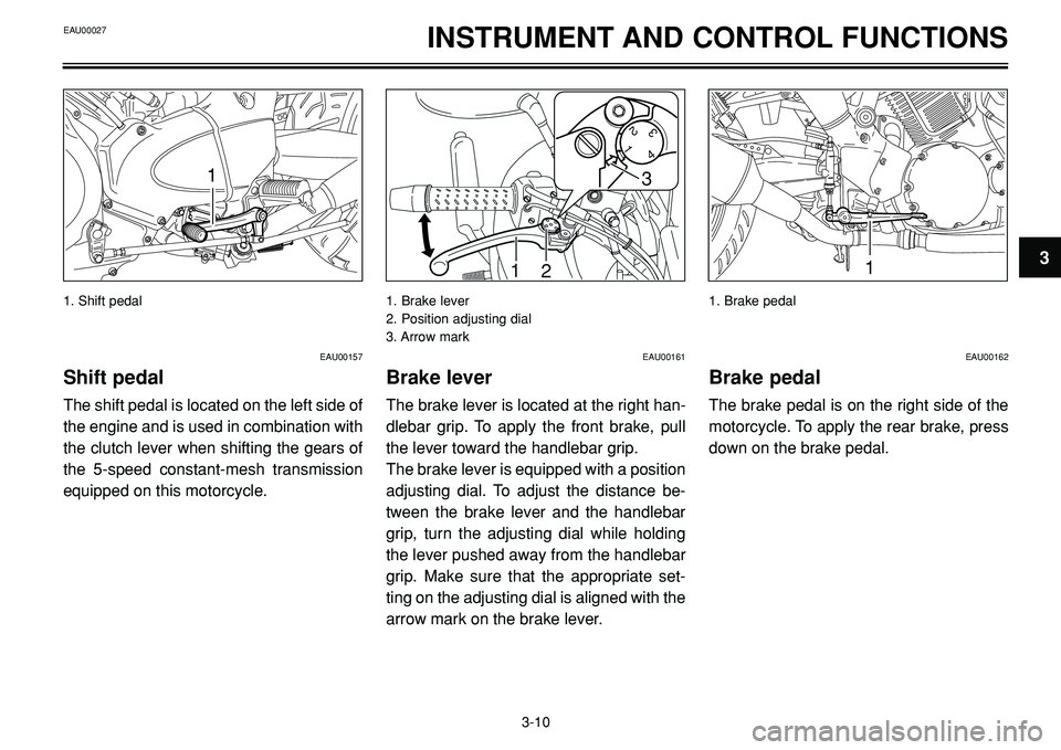 YAMAHA BT1100 2002 Owners Manual INSTRUMENT AND CONTROL FUNCTIONS
1
1
2
1
23
4
3
1
EAU00157
Shift pedal
The shift pedal is located on the left side of
the engine and is used in combination with
the clutch lever when shifting the gear