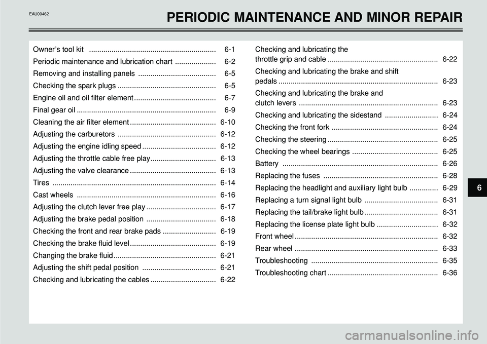 YAMAHA BT1100 2004  Owners Manual 6
Owner’s tool kit .............................................................. 6-1
Periodic maintenance and lubrication chart .................... 6-2
Removing and installing panels .............