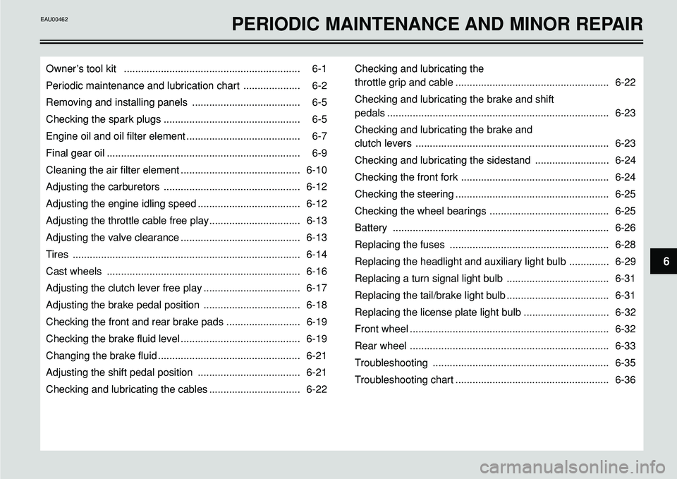 YAMAHA BT1100 2002 Service Manual 6
Owner’s tool kit .............................................................. 6-1
Periodic maintenance and lubrication chart .................... 6-2
Removing and installing panels ............. YAMAHA BT1100 2002 Service Manual 6
Owner’s tool kit .............................................................. 6-1
Periodic maintenance and lubrication chart .................... 6-2
Removing and installing panels .............