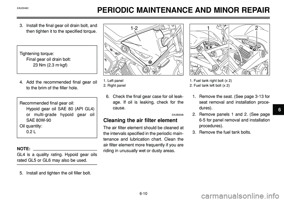 YAMAHA BT1100 2003  Owners Manual EAU00462PERIODIC MAINTENANCE AND MINOR REPAIR
2 1
6. Check the final gear case for oil leak-
age. If oil is leaking, check for the
cause.
EAUB0008
Cleaning the air filter element
The air filter elemen