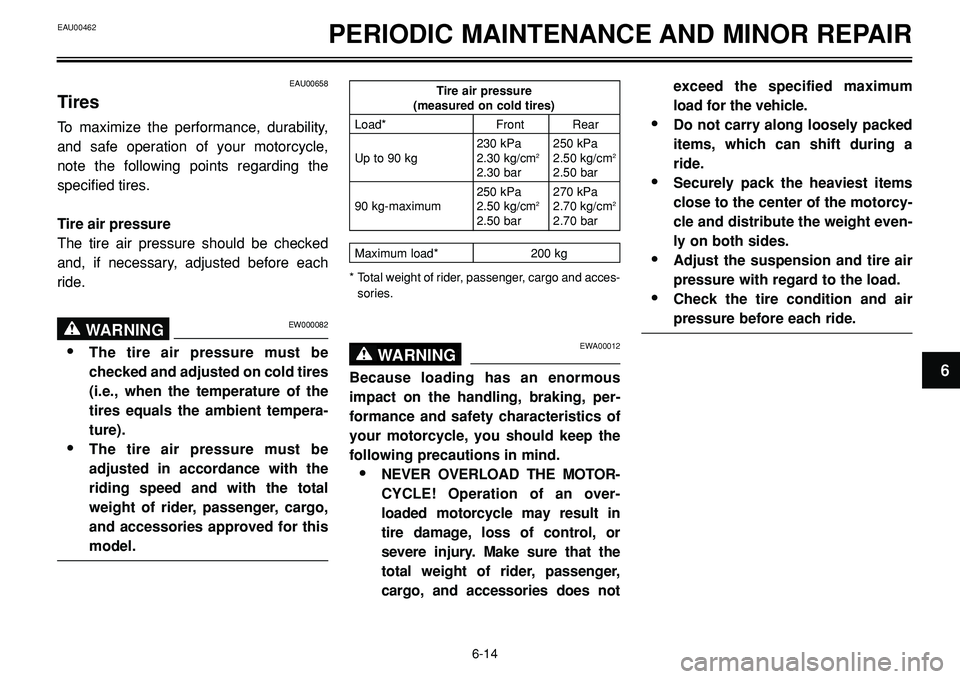 YAMAHA BT1100 2002 Workshop Manual EAU00462PERIODIC MAINTENANCE AND MINOR REPAIR
EWA00012WARNING0
Because loading has an enormous
impact on the handling, braking, per-
formance and safety characteristics of
your motorcycle, you should YAMAHA BT1100 2002 Workshop Manual EAU00462PERIODIC MAINTENANCE AND MINOR REPAIR
EWA00012WARNING0
Because loading has an enormous
impact on the handling, braking, per-
formance and safety characteristics of
your motorcycle, you should