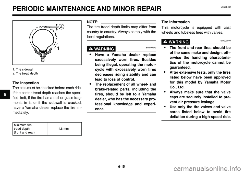 YAMAHA BT1100 2002 Workshop Manual EAU00462PERIODIC MAINTENANCE AND MINOR REPAIR
NOTE:
The tire tread depth limits may differ from
country to country. Always comply with the
local regulations.
EW000079WARNING0
•Have a Yamaha dealer r YAMAHA BT1100 2002 Workshop Manual EAU00462PERIODIC MAINTENANCE AND MINOR REPAIR
NOTE:
The tire tread depth limits may differ from
country to country. Always comply with the
local regulations.
EW000079WARNING0
•Have a Yamaha dealer r