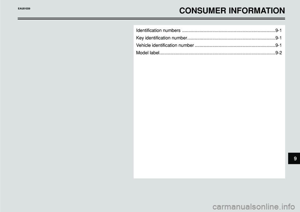YAMAHA BT1100 2002 Owners Manual 9
Identification numbers ..........................................................................9-1
Key identification number......................................................................9- YAMAHA BT1100 2002 Owners Manual 9
Identification numbers ..........................................................................9-1
Key identification number......................................................................9-
