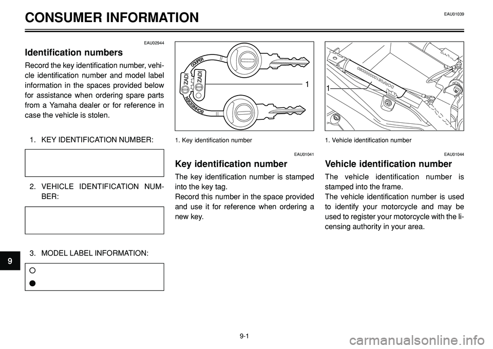 YAMAHA BT1100 2002 Owners Manual 1. Key identification number
CONSUMER INFORMATION
11
EAU02944
Identification numbers
Record the key identification number, vehi-
cle identification number and model label
information in the spaces pro YAMAHA BT1100 2002 Owners Manual 1. Key identification number
CONSUMER INFORMATION
11
EAU02944
Identification numbers
Record the key identification number, vehi-
cle identification number and model label
information in the spaces pro