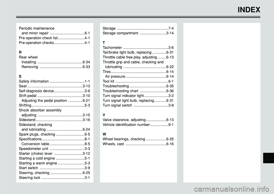 YAMAHA BT1100 2004  Owners Manual INDEX
Periodic maintenance 
and minor repair ..................................6-1
Pre-operation check list ..........................4-1
Pre-operation checks..............................4-1
R
Rear w