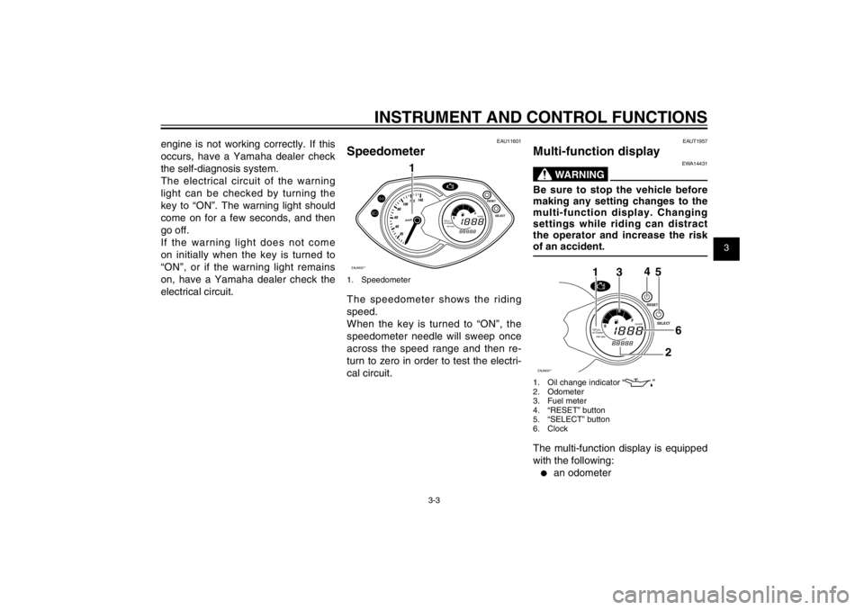 YAMAHA CYGNUS 125 2012 User Guide 1
2
3
4
5
6
7
8
9
3-3
EAU1044E
INSTRUMENT AND CONTROL FUNCTIONS
engine is not working correctly. If this 
occurs, have a Yamaha dealer check 
the self-diagnosis system.
The electrical circuit of the w