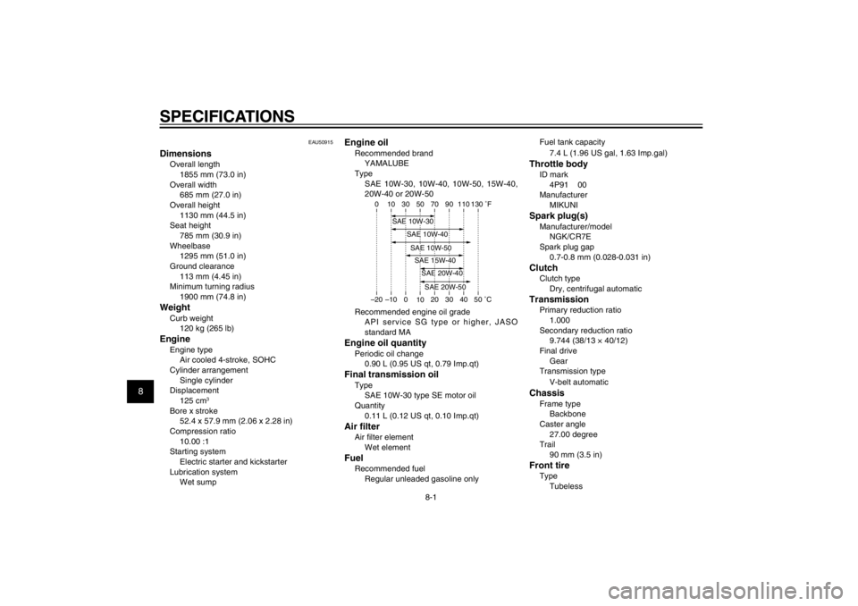 YAMAHA CYGNUS 125 2012  Owners Manual 1
2
3
4
5
6
7
8
9
8-1
SPECIFICATIONS SPECIFICATIONS
EAU50915
DimensionsOverall length
1855 mm (73.0 in)
Overall width
685 mm (27.0 in)
Overall height
1130 mm (44.5 in)
Seat height
785 mm (30.9 in)
Whe