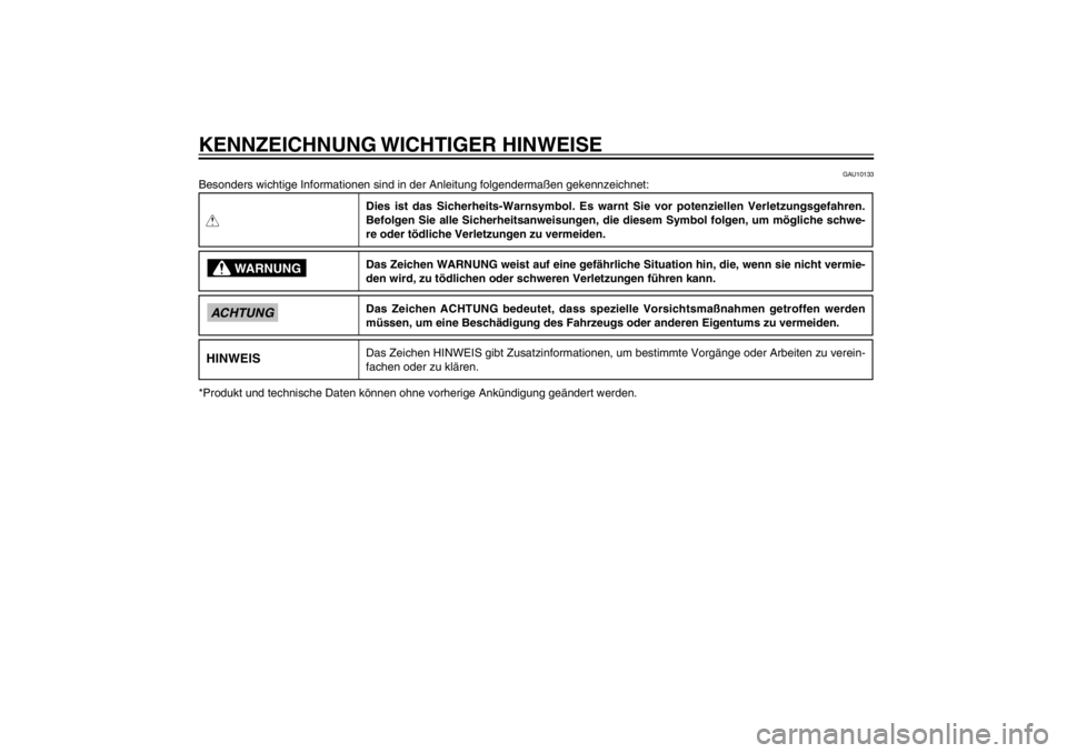 YAMAHA CYGNUS 125 2012  Betriebsanleitungen (in German) GAU10122
KENNZEICHNUNG WICHTIGER  HINWEISE
GAU10133
Besonders wichtige Informationen sind in der Anleitung folgendermaßen gekennzeichnet:QDies ist das Sicherheits-Warnsymbol. Es warnt Sie vor potenzi