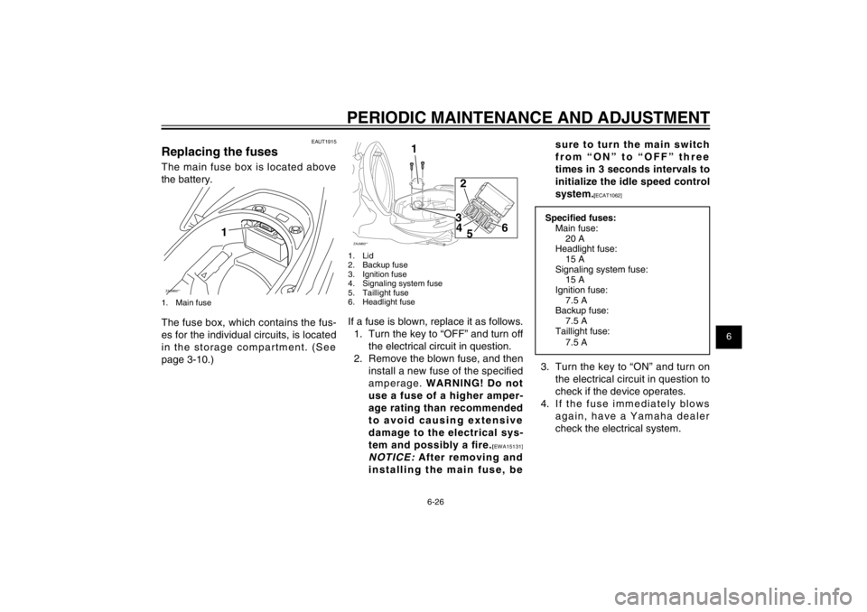 YAMAHA CYGNUS 125 2011 Repair Manual 1
2
3
4
5
6
7
8
9
6-26
EAU1722A
PERIODIC MAINTENANCE AND ADJUSTMENT
EAUT1915
Replacing the fusesThe main fuse box is located above 
the battery.ZAUM00**
1
1. Main fuseThe fuse box, which contains the 