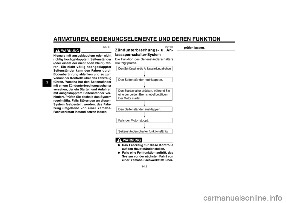 YAMAHA CYGNUS 125 2011  Betriebsanleitungen (in German) 1
2
3
4
5
6
7
8
9
3-12
GAU1044E
ARMATUREN, BEDIENUNGSELEMENTE UND DEREN FUNKTION
GWA10241
WARNUNG
Niemals mit ausgeklapptem oder nicht 
richtig hochgeklapptem Seitenständer 
(oder einem der nicht obe