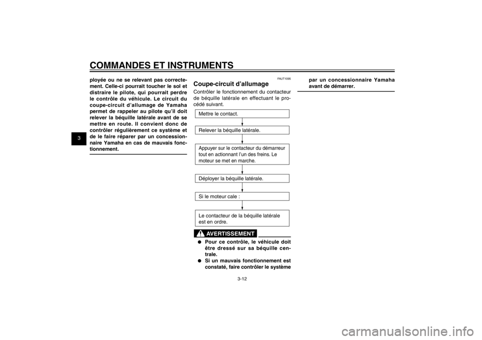 YAMAHA CYGNUS 125 2011  Notices Demploi (in French) 1
2
3
4
5
6
7
8
9
3-12
FAU1044E
COMMANDES ET INSTRUMENTSployée ou ne se relevant pas correcte-
ment. Celle-ci pourrait toucher le sol et 
distraire le pilote, qui pourrait perdre 
le contrôle du vé