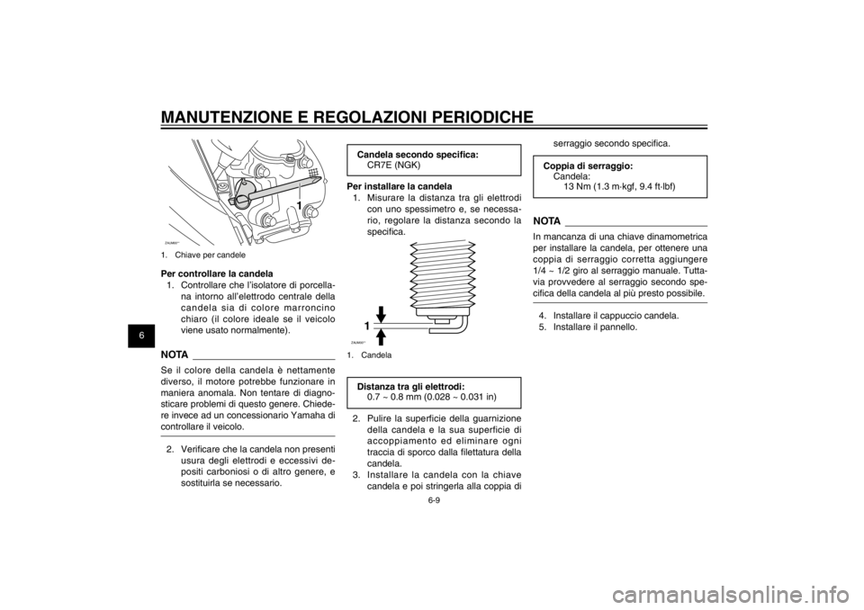 YAMAHA CYGNUS 125 2011  Manuale duso (in Italian) 1
2
3
4
5
6
7
8
9
6-9
HAU1722A
MANUTENZIONE E REGOLAZIONI PERIODICHEZAUM00**
1
1.  Chiave per candelePer controllare la candela
1. Controllare che l’isolatore di porcella-
na intorno all’elettrodo
