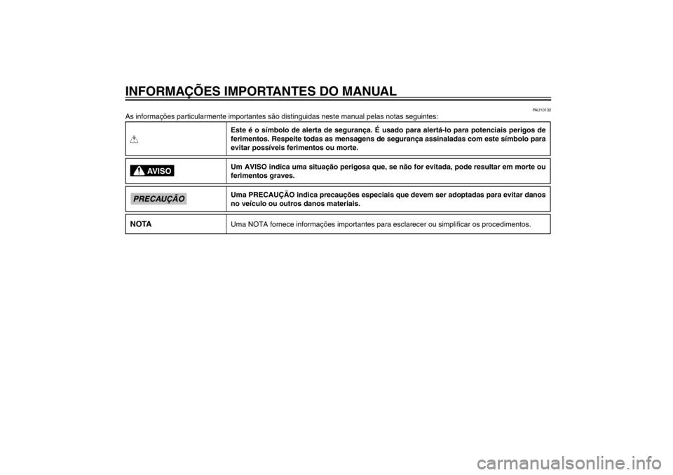 YAMAHA CYGNUS 125 2011  Manual de utilização (in Portuguese) PAU10122
INFORMAÇÕES IMPORTANTES DO MANUAL
PAU10132
As informações particularmente importantes são distinguidas neste manual pelas notas seguintes:QEste é o símbolo de alerta de segurança. É 