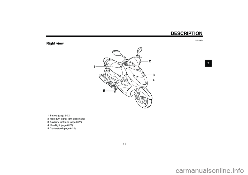 YAMAHA CYGNUS 125 2007 User Guide  
DESCRIPTION 
2-2 
2
3
4
5
6
7
8
9
 
EAU10420 
Right view
43 2
1
5
 
1. Battery (page 6-22)
2. Front turn signal light (page 6-26)
3. Auxiliary light bulb (page 6-27)
4. Headlight (page 6-25)
5. Cent