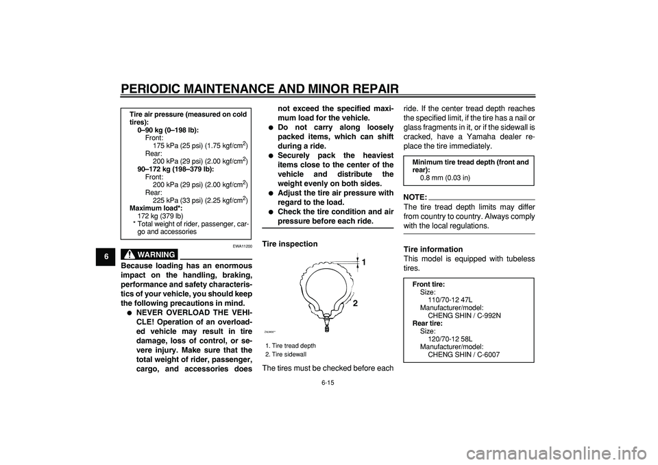 YAMAHA CYGNUS 125 2007 Owners Manual
PERIODIC MAINTENANCE AND MINOR REPAIR
6-15
1
2
3
4
5
6
7
8
9
WARNING
EWA11200
Because loading has an enormous
impact on the handling, braking,
performance and safety characteris-
tics of your v YAMAHA CYGNUS 125 2007 Owners Manual
PERIODIC MAINTENANCE AND MINOR REPAIR
6-15
1
2
3
4
5
6
7
8
9
WARNING
EWA11200
Because loading has an enormous
impact on the handling, braking,
performance and safety characteris-
tics of your v