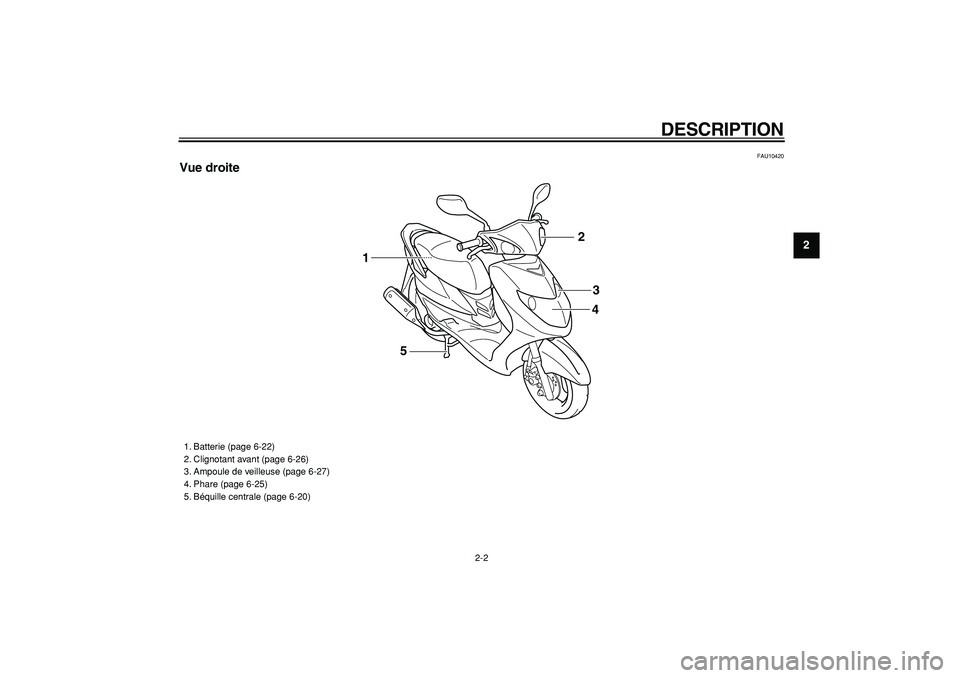 YAMAHA CYGNUS 125 2007  Notices Demploi (in French)  
DESCRIPTION 
2-2 
2
3
4
5
6
7
8
9
 
FAU10420 
Vue droite
43 2
1
5
 
1. Batterie (page 6-22)
2. Clignotant avant (page 6-26)
3. Ampoule de veilleuse (page 6-27)
4. Phare (page 6-25)
5. Béquille cent