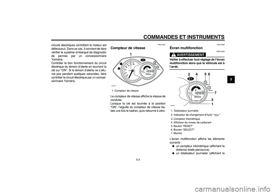 YAMAHA CYGNUS 125 2007  Notices Demploi (in French)  
COMMANDES ET INSTRUMENTS 
3-3 
2
34
5
6
7
8
9
 
circuits électriques contrôlant le moteur est
défectueux. Dans ce cas, il convient de faire
vérifier le système embarqué de diagnostic
de pannes