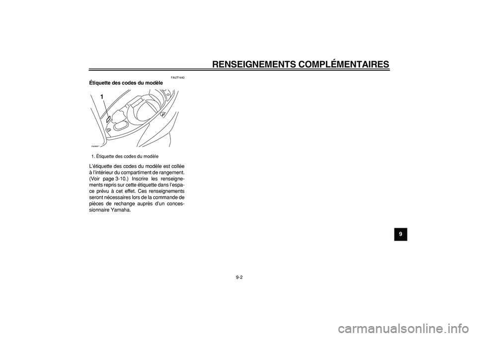 YAMAHA CYGNUS 125 2007 Notices Demploi (in French)
RENSEIGNEMENTS COMPLÉMENTAIRES
9-2
2
3
4
5
6
7
8
9
FAUT1440
Étiquette des codes du modèle
L’étiquette des codes du modèle est collée
à l’intérieur du compartiment de rangement.
(V YAMAHA CYGNUS 125 2007 Notices Demploi (in French)
RENSEIGNEMENTS COMPLÉMENTAIRES
9-2
2
3
4
5
6
7
8
9
FAUT1440
Étiquette des codes du modèle
L’étiquette des codes du modèle est collée
à l’intérieur du compartiment de rangement.
(V