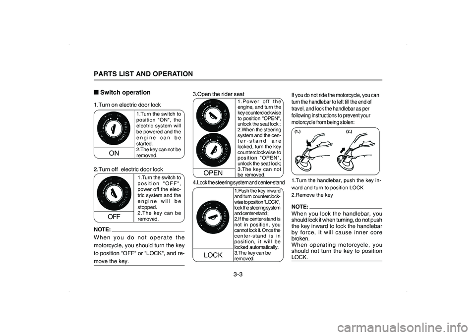 YAMAHA CYGNUS 125 2006  Owners Manual 1.Turn the switch to
position "ON", the
electric system will
be powered and the
engine can be
started.
2.The key can not be
removed.
1.Turn the switch to
position "OFF",
power off the elec-
tric syste