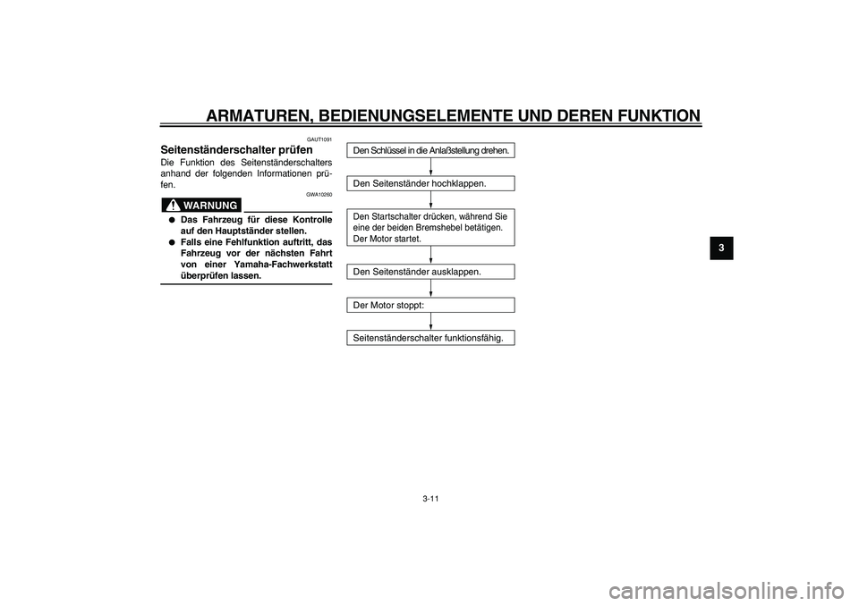 YAMAHA CYGNUS 125 2006  Betriebsanleitungen (in German)  
ARMATUREN, BEDIENUNGSELEMENTE UND DEREN FUNKTION 
3-11 
2
34
5
6
7
8
9
 
GAUT1091 
Seitenständerschalter prüfen  
Die Funktion des Seitenständerschalters
anhand der folgenden Informationen prü-
