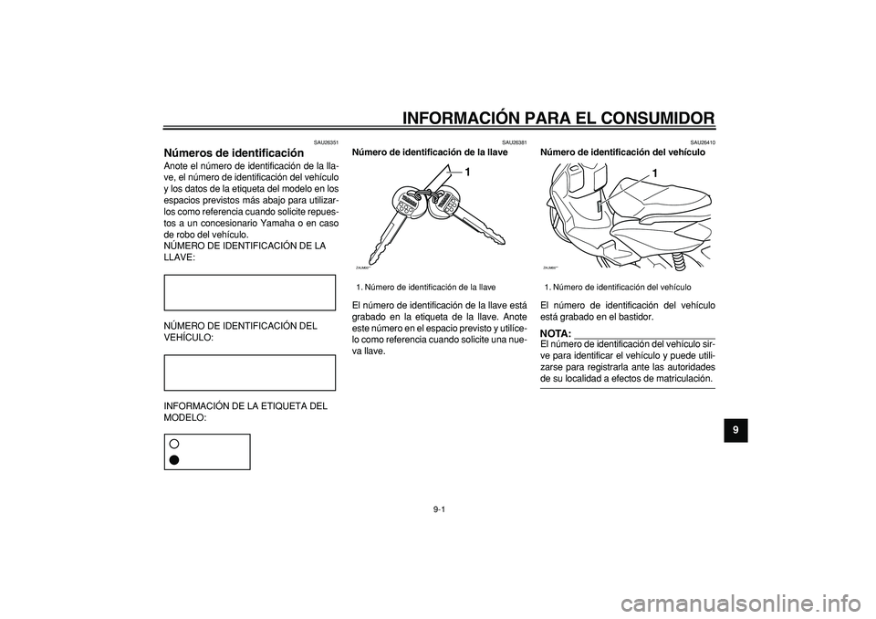 YAMAHA CYGNUS 125 2006 Manuale de Empleo (in Spanish)
9-1
2
3
4
5
6
7
8
9
INFORMACIÓN PARA EL CONSUMIDOR
SAU26351
Números de identificación
Anote el número de identificación de la lla-
ve, el número de identificación del vehículo
y los d YAMAHA CYGNUS 125 2006 Manuale de Empleo (in Spanish)
9-1
2
3
4
5
6
7
8
9
INFORMACIÓN PARA EL CONSUMIDOR
SAU26351
Números de identificación
Anote el número de identificación de la lla-
ve, el número de identificación del vehículo
y los d